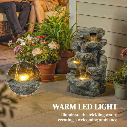 Outdoor Fountain with 6-Tier Rock Design, Waterfall Feature with LED Lights, Res