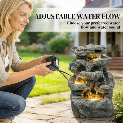 Outdoor Fountain with 6-Tier Rock Design, Waterfall Feature with LED Lights, Res