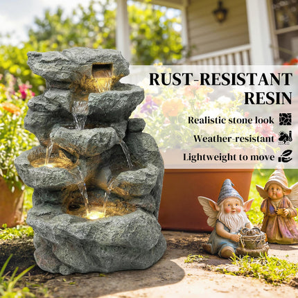 Outdoor Fountain with 6-Tier Rock Design, Waterfall Feature with LED Lights, Res