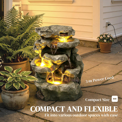 Outdoor Fountain with 6-Tier Rock Design, Waterfall Feature with LED Lights, Res