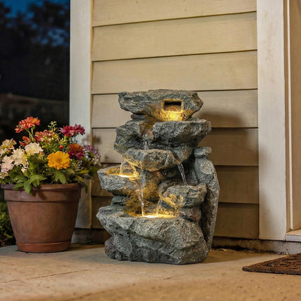 Outdoor Fountain with 6-Tier Rock Design, Waterfall Feature with LED Lights, Res