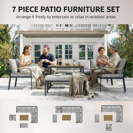 Outsunny 7 Seater Garden Furniture Set, Metal Garden Sofa Set with Cushions, Outdoor Furniture Conversation Sets, Light Grey