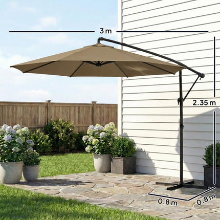 3 m Garden Cantilever Parasol with Cover, Round Overhanging Umbrella with 360° Rotation, Tilt, Khaki