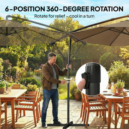3 m Garden Cantilever Parasol with Cover, Round Overhanging Umbrella with 360° Rotation, Tilt, Khaki