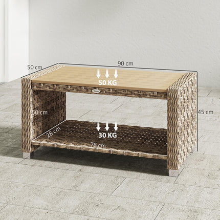 Outdoor Coffee Table with Storage Shelf, PE Rattan Side Table with Slatted Top and Foot Pads, Light Brown