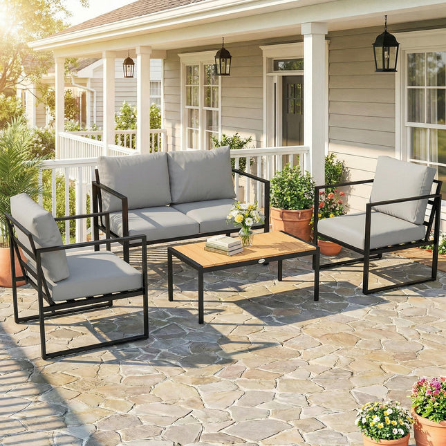 Outdoor Garden Furniture Set, 4 Piece Patio Furniture with Slatted Table, Indoor Outdoor Balcony Patio Conservatory Set