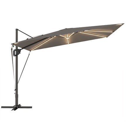 3 x 3 m Garden Cantilever Parasol w/ Light, Cover, UPF50+ Patio Umbrella w/ Wind