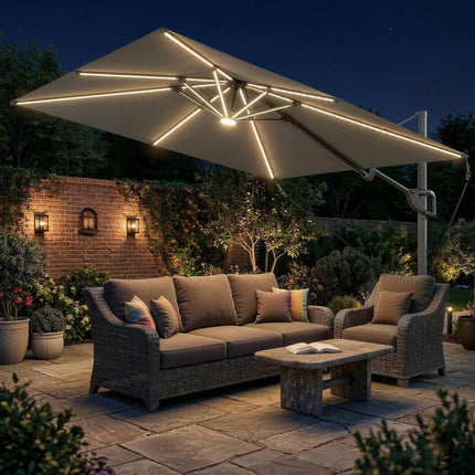 3 x 3 m Garden Cantilever Parasol w/ Light, Cover, UPF50+ Patio Umbrella w/ Wind
