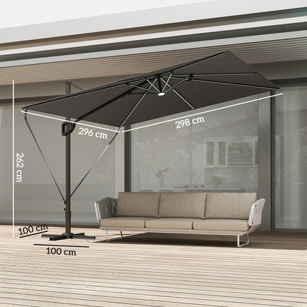 3 x 3 m Garden Cantilever Parasol w/ Light, Cover, UPF50+ Patio Umbrella w/ Wind