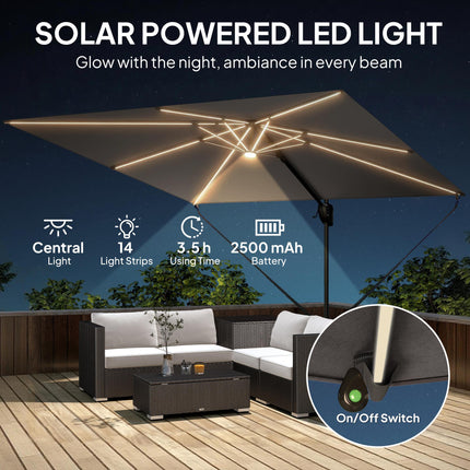 3 x 3 m Garden Cantilever Parasol w/ Light, Cover, UPF50+ Patio Umbrella w/ Wind