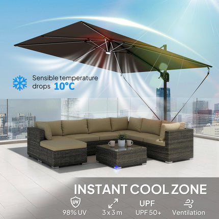 3 x 3 m Garden Cantilever Parasol w/ Light, Cover, UPF50+ Patio Umbrella w/ Wind