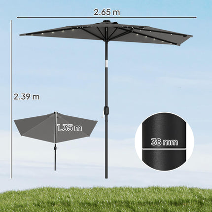 2.6 m Half Garden Parasol with Solar LED Lights, UPF50+ Semi Round Umbrella with 30° Tilt, Crank Handle, Dark Grey