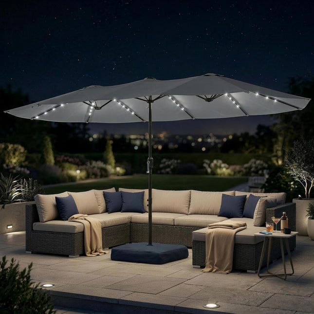 Patio Umbrella Double-Sided Outdoor Umbrella with Solar Lights Base, Grey