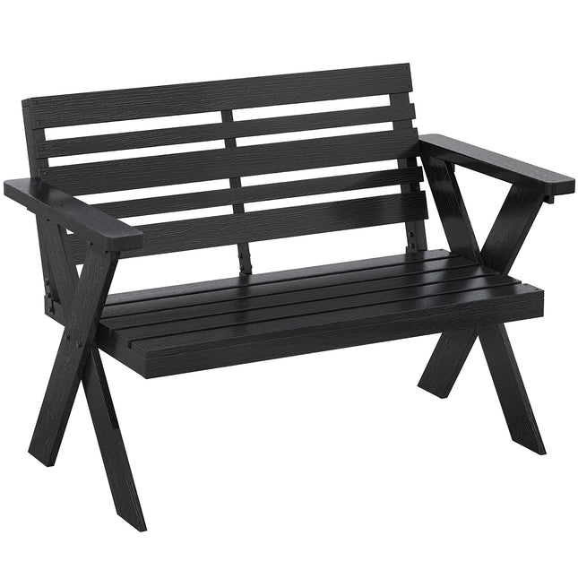 2 Seater Wooden Garden Bench, Slatted Patio Bench with Armrest and Backrest, Black