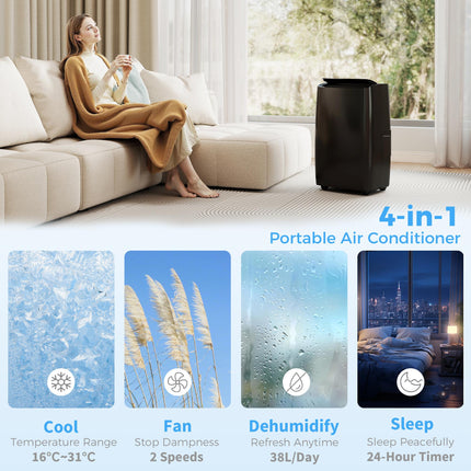 Portable Air Conditioner 12000 BTU, 4-in-1 Air Conditioning Unit, Dehumidifier, Cooling, Fan, Sleep Mode with 2 Speeds