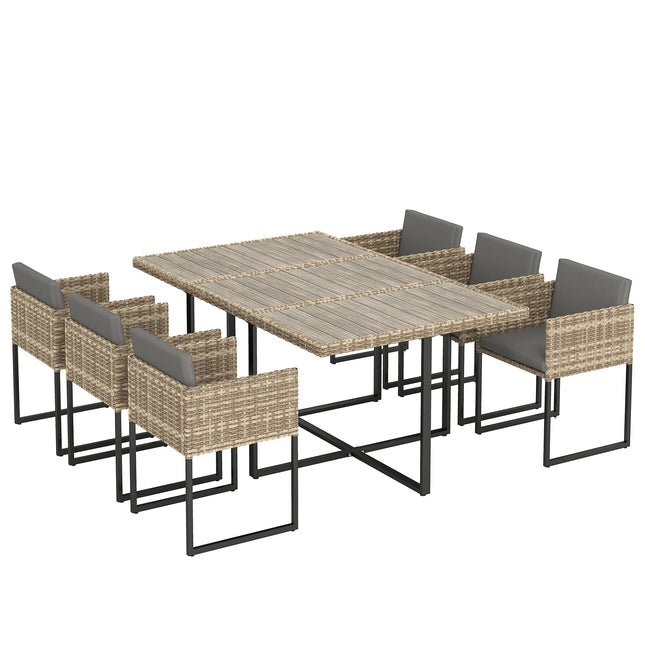 7 Piece Rattan Garden Furniture Set, Garden Dining Set with Wood-Plastic Table and 6 Stackable Chairs, Light Brown