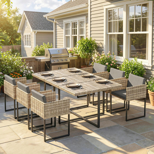 7 Piece Rattan Garden Furniture Set, Garden Dining Set with Wood-Plastic Table and 6 Stackable Chairs, Light Brown