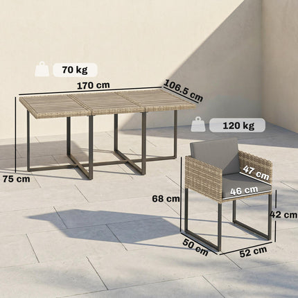 7 Piece Rattan Garden Furniture Set, Garden Dining Set with Wood-Plastic Table and 6 Stackable Chairs, Light Brown