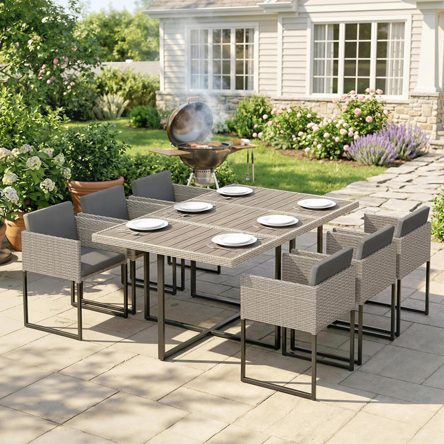 7 Piece Rattan Garden Furniture Set, Garden Dining Set with Wood-Plastic Table and 6 Stackable Chairs, Light Grey