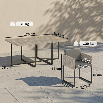 7 Piece Rattan Garden Furniture Set, Garden Dining Set with Wood-Plastic Table and 6 Stackable Chairs, Light Grey