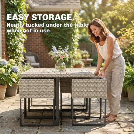 7 Piece Rattan Garden Furniture Set, Garden Dining Set with Wood-Plastic Table and 6 Stackable Chairs, Light Grey