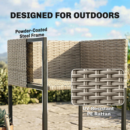7 Piece Rattan Garden Furniture Set, Garden Dining Set with Wood-Plastic Table and 6 Stackable Chairs, Light Grey