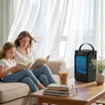 Portable Air Conditioner, 4-in-1 Mini Air Cooler with 4 Wind Speed, 2 Cool Mist, RGB 7 LED Light, Black