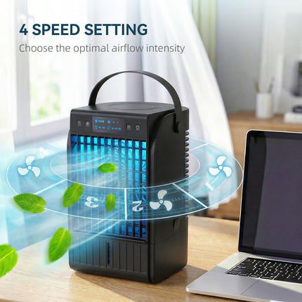 Portable Air Conditioner, 4-in-1 Mini Air Cooler with 4 Wind Speed, 2 Cool Mist, RGB 7 LED Light, Black