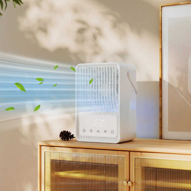Portable Air Conditioner, 4-in-1 Mini Air Cooler with 3 Wind Speed, 2 Mist Mode, 7 Colour RGB Light, White