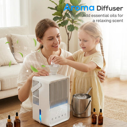 Portable Air Conditioner, 4-in-1 Mini Air Cooler with 3 Wind Speed, 2 Mist Mode, 7 Colour RGB Light, White