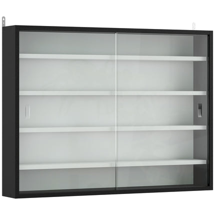 5-Tier Wall Display Cabinet, Wall Mounted Display Case w/ 4 Adjustable Shelves, Glass Doors, 60x80cm, Black and White