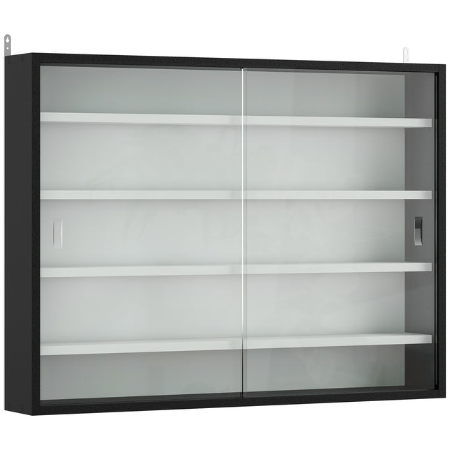 5-Tier Wall Display Cabinet, Wall Mounted Display Case w/ 4 Adjustable Shelves, Glass Doors, 60x80cm, Black and White