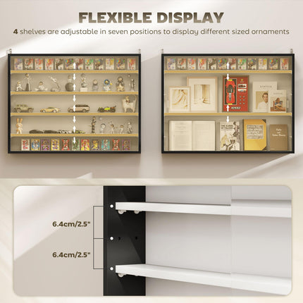5-Tier Wall Display Cabinet, Wall Mounted Display Case w/ 4 Adjustable Shelves, Glass Doors, 60x80cm, Black and White