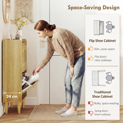 Narrow Shoe Cabinet, Modern Shoe Storage Cabinet with 2 Flip Drawers, Oak