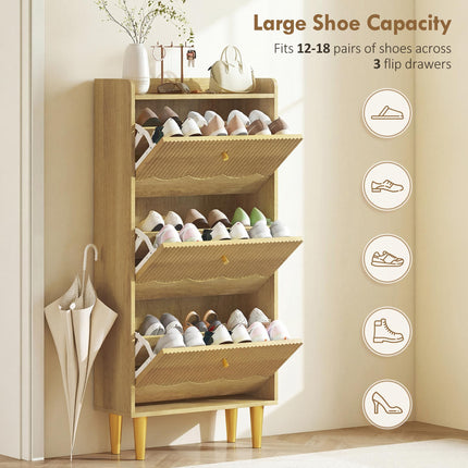 Narrow Shoe Cabinet, Modern Shoe Storage Cabinet with 3 Flip Drawers, Oak