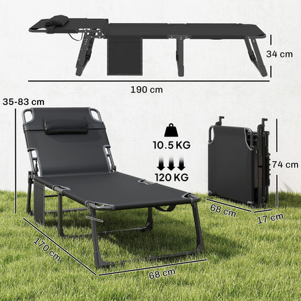 Folding Sun Lounger for Garden, 5-Position Oversized Camping Bed Recliner with C
