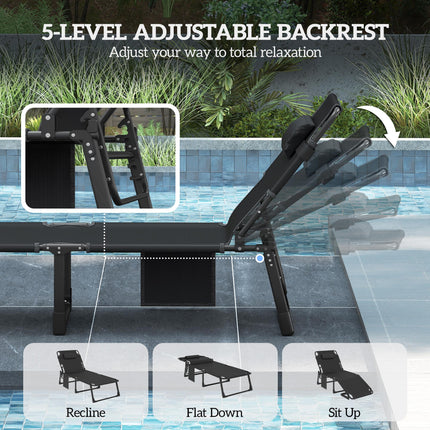 Folding Sun Lounger for Garden, 5-Position Oversized Camping Bed Recliner with C