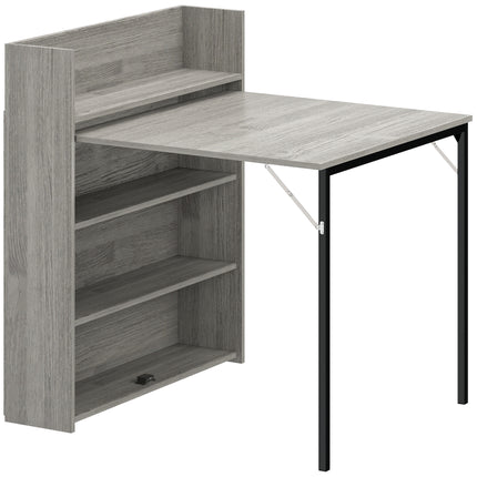 Kitchen Table, Folding Dining Table, with 4-Tier Shelves, Modern Drop-Leaf Table, Grey Wood Effect