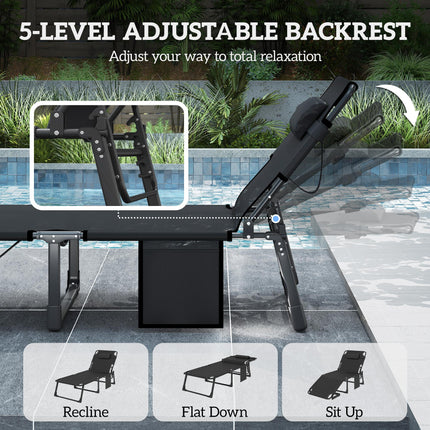 Folding Sun Lounger for Garden, 5-Position Oversized Camping Bed Recliner with C