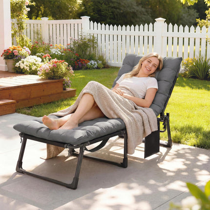 Folding Sun Lounger for Garden, 5-Position Oversized Camping Bed Recliner with C