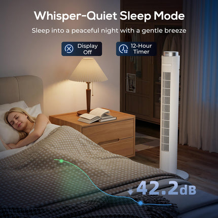 96 cm Tower Fan with WiFi App Control, Standing Floor Fan with 3 Speed 4 Modes, 12 Hour Timer and Night Light White