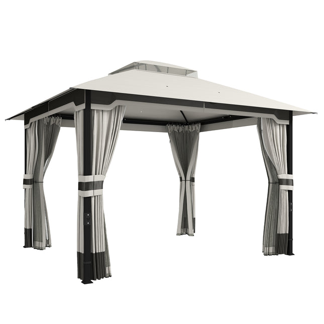 3 x 3.6 m Outdoor Garden Gazebo with Netting and Curtains, Double¬†Roof Patio Ga