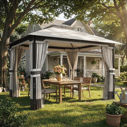3 x 3.6 m Outdoor Garden Gazebo with Netting and Curtains, Double¬†Roof Patio Ga