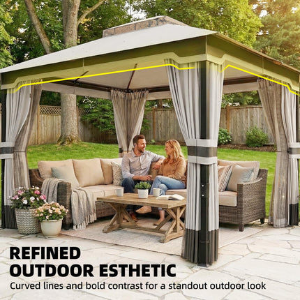 3 x 3.6 m Outdoor Garden Gazebo with Netting and Curtains, Double¬†Roof Patio Ga