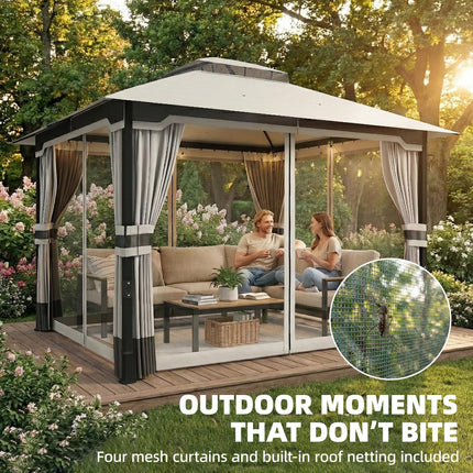 3 x 3.6 m Outdoor Garden Gazebo with Netting and Curtains, Double¬†Roof Patio Ga