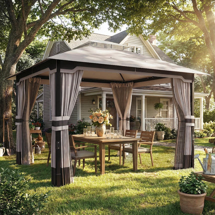3 x 3.6 m Outdoor Garden Gazebo with Netting and Curtains, Double¬†Roof Patio Ga 1