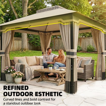 3 x 3.6 m Outdoor Garden Gazebo with Netting and Curtains, Double¬†Roof Patio Ga 1