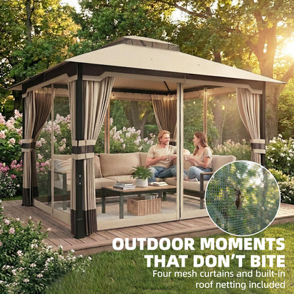 3 x 3.6 m Outdoor Garden Gazebo with Netting and Curtains, Double¬†Roof Patio Ga 1