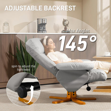 PU Leather Swivel Recliner Chair with Footstool, Wooden Base and Storage for Living Room, Light Grey