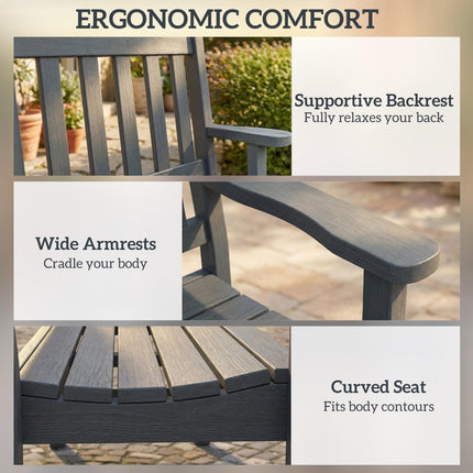 2 Seater Plastic Garden Bench, Outdoor Patio Bench with Armrest and Backrest, Weatherproof Outdoor Furniture for Balcony